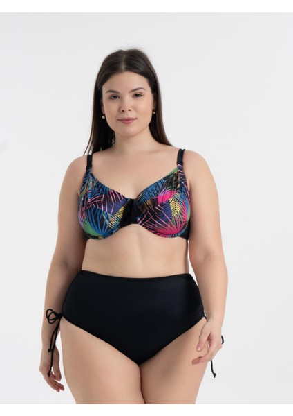 Kadın Balen Destekli Bikini Takımı Siyah Palmiye Deseniyle Yaz Plaj Modası