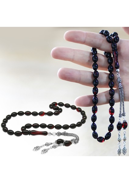 925 Ayar Gümüş Çift Püsküllü Arpa Kesim Kırmızı-Siyah Ateş Kehribar Tesbih