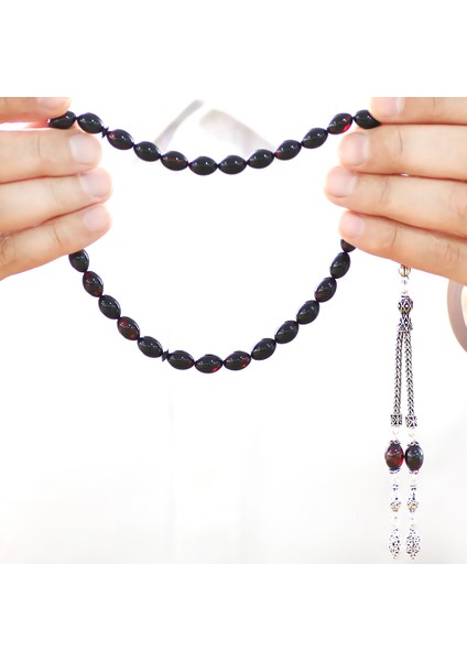 925 Ayar Gümüş Çift Püsküllü Arpa Kesim Kırmızı-Siyah Ateş Kehribar Tesbih fiyatları