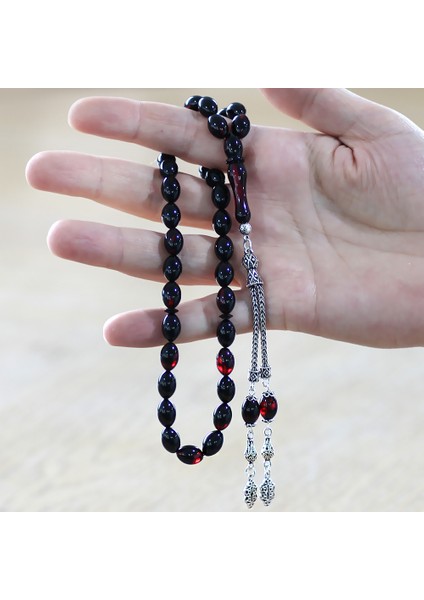 925 Ayar Gümüş Çift Püsküllü Arpa Kesim Kırmızı-Siyah Ateş Kehribar Tesbih modelleri