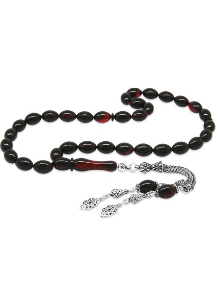 925 Ayar Gümüş Çift Püsküllü Arpa Kesim Kırmızı-Siyah Ateş Kehribar Tesbih fırsatları