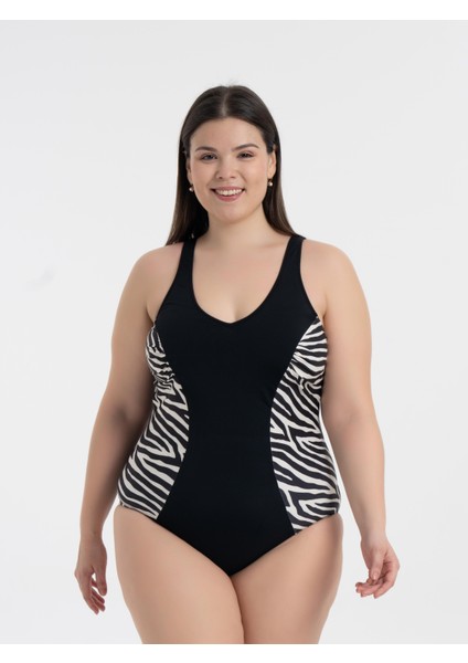 Aquaviva Kadın Siyah Zebra Desen Büyük Beden Edna V Yaka Toparlayıcı Mayo