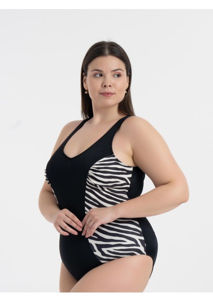 Aquaviva Kadın Siyah Zebra Desen Büyük Beden Edna V Yaka Toparlayıcı Mayo fiyatları