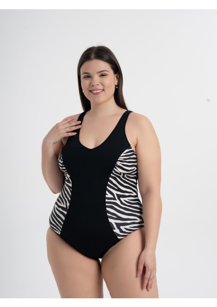 Aquaviva Kadın Siyah Zebra Desen Büyük Beden Edna V Yaka Toparlayıcı Mayo modelleri