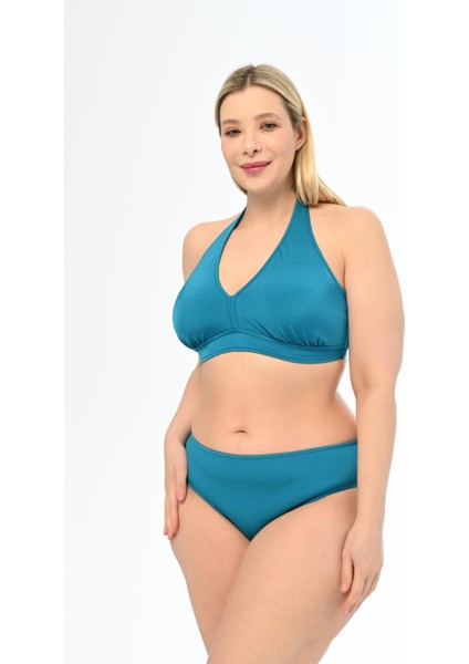 Kadın Petrol Mavi Büyük Beden Boyundan Bağlı Üçgen Elena Bikini Takımı modelleri