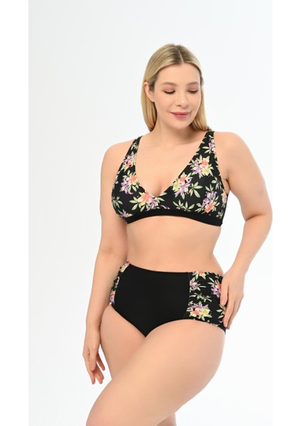Aquaviva Kadın Siyah Leylak Desen Büyük Beden Yüksek Bel Kelebek Bikini Takımı