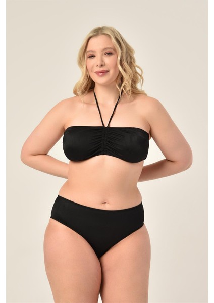 Aquaviva Kadın Büyük Beden Çizgili Siyah Straplez Boyundan Bağlı Bikini Takımı fiyatları
