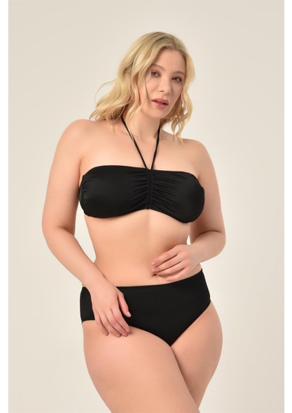 Aquaviva Kadın Büyük Beden Çizgili Siyah Straplez Boyundan Bağlı Bikini Takımı modelleri