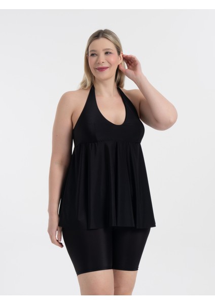 Kadın Büyük Beden Siyah Mabel Boyundan Bağlı Taytlı Tankini