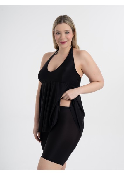 Kadın Büyük Beden Siyah Mabel Boyundan Bağlı Taytlı Tankini modelleri
