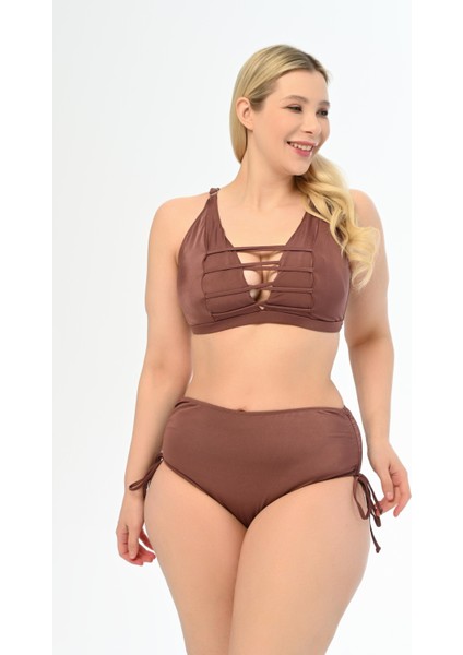 Kadın Kahverengi Büyük Beden Venezıa Çapraz Ipli Dekolte Bikini Takımı