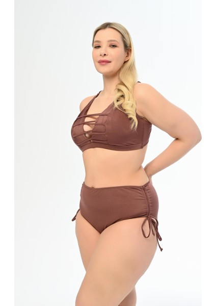 Kadın Kahverengi Büyük Beden Venezıa Çapraz Ipli Dekolte Bikini Takımı modelleri