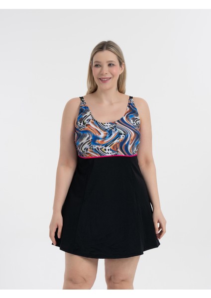 Kadın Büyük Beden Siyah Mavi Turuncu Desen Toparlayıcı Ara Biyeli Ayar Askılı Şık Elbise Mayo