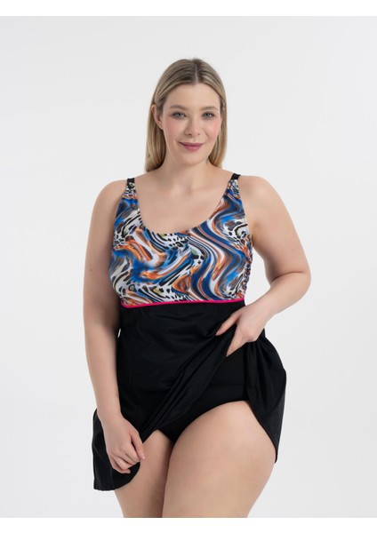 Kadın Büyük Beden Siyah Mavi Turuncu Desen Toparlayıcı Ara Biyeli Ayar Askılı Şık Elbise Mayo fiyatları