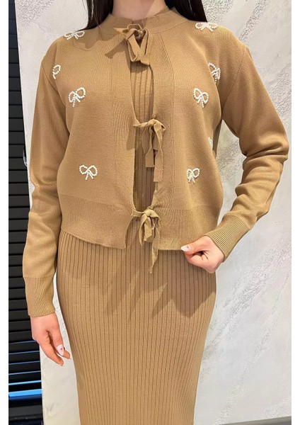Ön Bağlamalı Incili Ceket Elbise Triko Ikili Takım modelleri