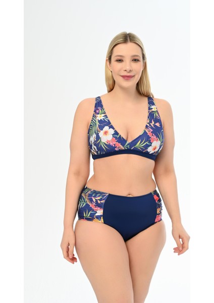 Kadın Lacivert Desen Büyük Beden Yüksek Bel Kelebek Bikini Takımı
