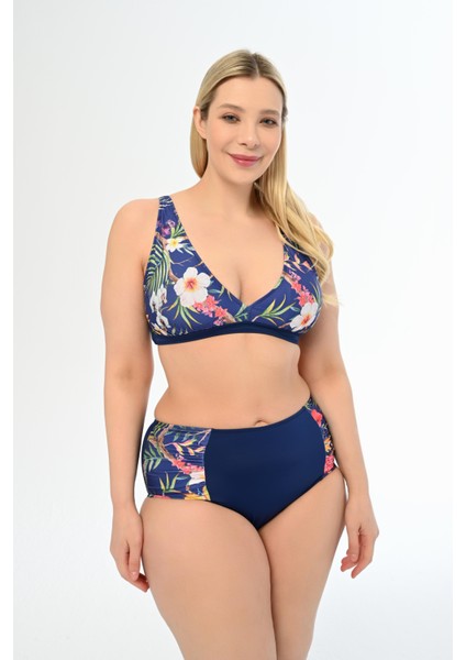 Kadın Lacivert Desen Büyük Beden Yüksek Bel Kelebek Bikini Takımı modelleri