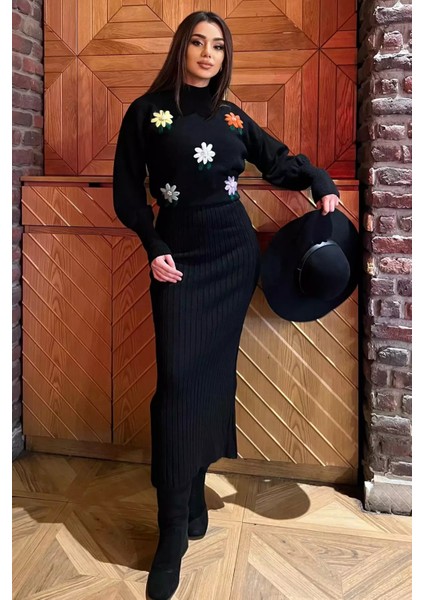 Kadın Yarım Balıkçı Yaka Nakışlı Triko Bluz Elbise Ikili Takım