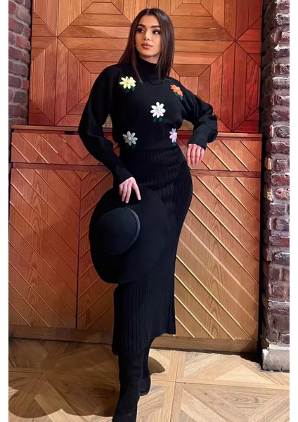 Kadın Yarım Balıkçı Yaka Nakışlı Triko Bluz Elbise Ikili Takım fiyatları