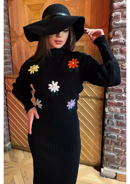 Kadın Yarım Balıkçı Yaka Nakışlı Triko Bluz Elbise Ikili Takım modelleri