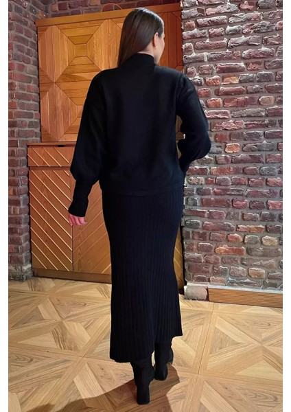 Kadın Yarım Balıkçı Yaka Nakışlı Triko Bluz Elbise Ikili Takım indirimleri