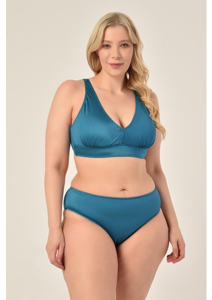 Kadın Petrol Mavi Büyük Beden Üçgen Toparlayıcı Yüksek Bel Bikini Takımı