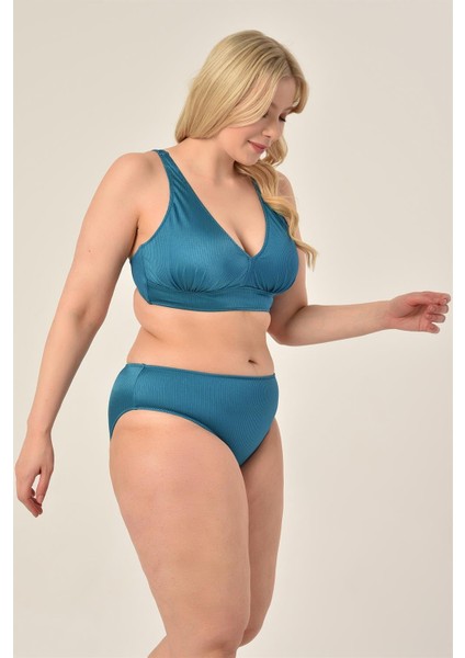 Kadın Petrol Mavi Büyük Beden Üçgen Toparlayıcı Yüksek Bel Bikini Takımı modelleri