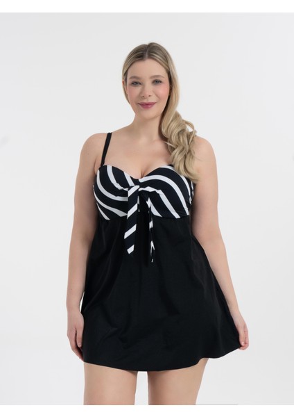 Kadın Büyük Beden Siyah Elbise Mayo Toparlayıcı Özellikli Fiyonklu Tasarım