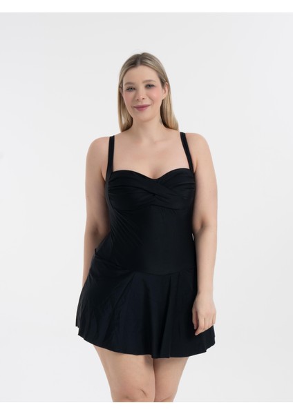 Kadın Büyük Beden Siyah Lenora Drapeli Toparlayıcı Elbise Mayo