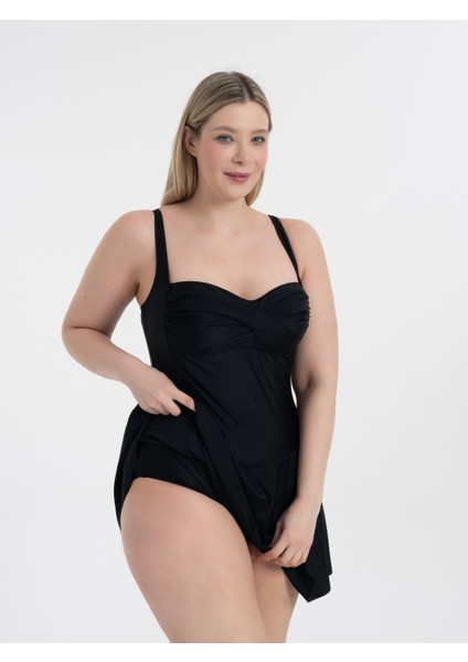 Kadın Büyük Beden Siyah Lenora Drapeli Toparlayıcı Elbise Mayo modelleri