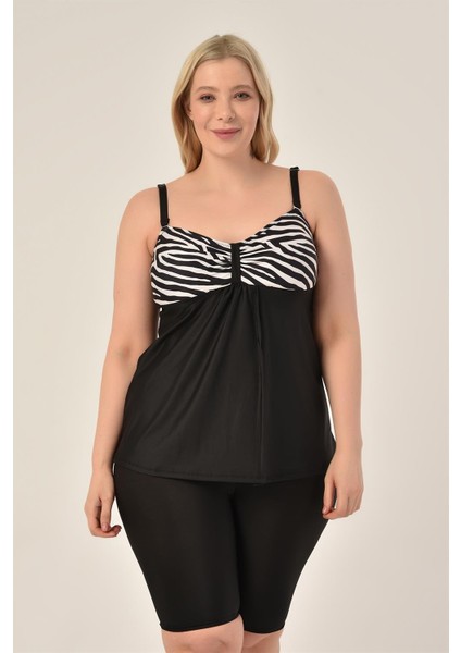 Aquaviva Kadın Büyük Beden Siyah Zebra Desen Toparlayıcı Kruvaze Detaylı Şortlu Tankini