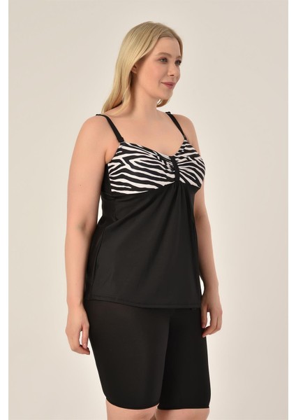 Aquaviva Kadın Büyük Beden Siyah Zebra Desen Toparlayıcı Kruvaze Detaylı Şortlu Tankini modelleri
