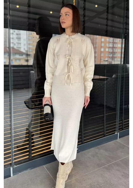 Kadın Inci ve Taş Işlemeli Triko Elbise Hırka Ikili Takım