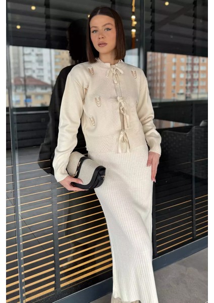 Kadın Inci ve Taş Işlemeli Triko Elbise Hırka Ikili Takım modelleri