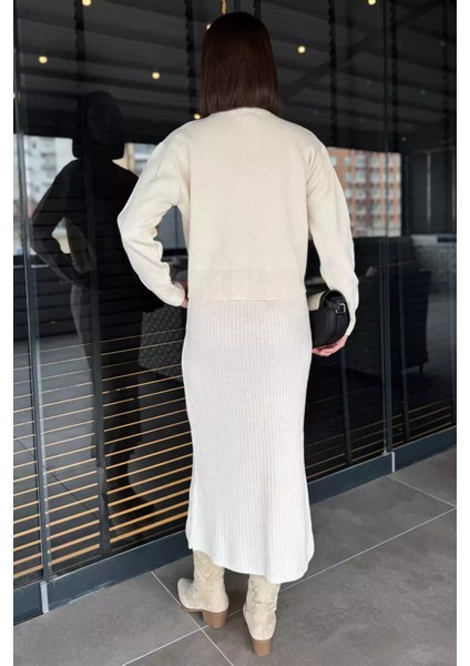 Kadın Inci ve Taş Işlemeli Triko Elbise Hırka Ikili Takım fırsatları