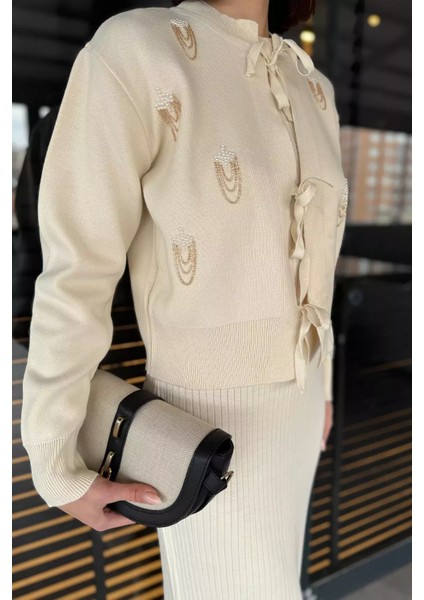 Kadın Inci ve Taş Işlemeli Triko Elbise Hırka Ikili Takım indirimleri