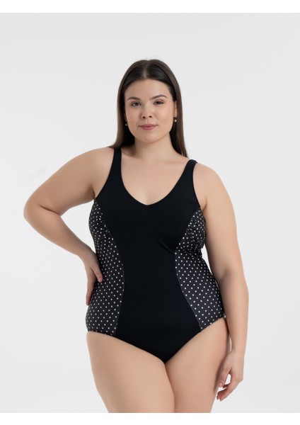 Aquaviva Kadın Siyah Puantiye Büyük Beden Edna V Yaka Toparlayıcı Mayo