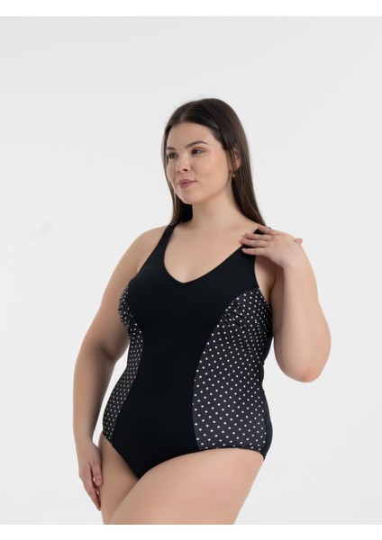 Aquaviva Kadın Siyah Puantiye Büyük Beden Edna V Yaka Toparlayıcı Mayo fiyatları