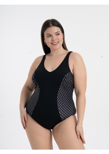 Aquaviva Kadın Siyah Puantiye Büyük Beden Edna V Yaka Toparlayıcı Mayo modelleri