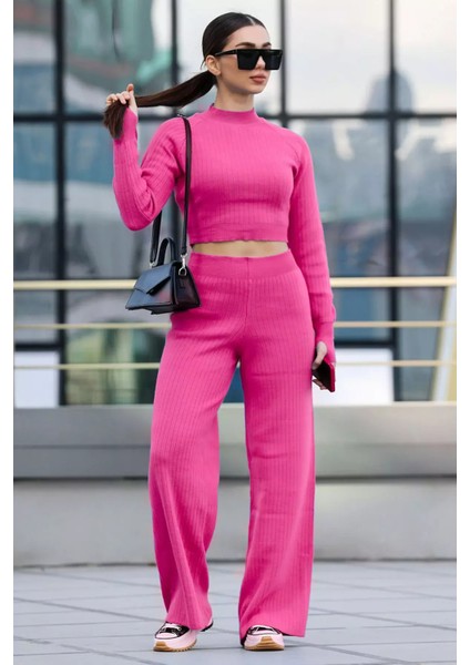 Kadın Yarım Balıkçı Örgü Crop Kazak Pantolon Triko Alt-Üst Takım