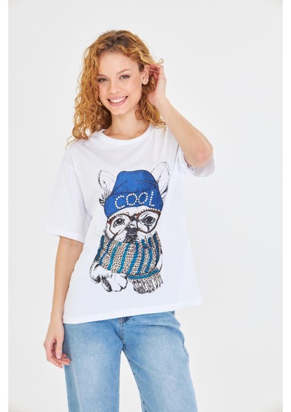 Baskılı Taşlı T-Shirt