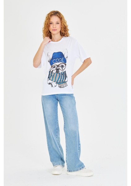 Baskılı Taşlı T-Shirt