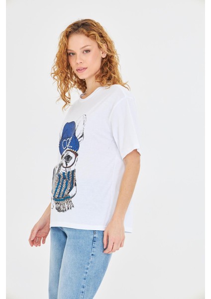 Baskılı Taşlı T-Shirt