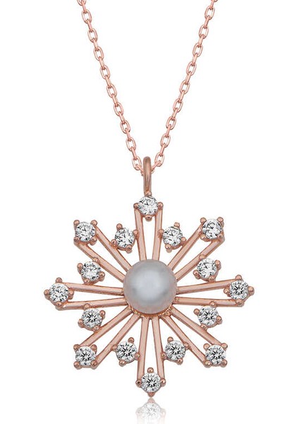 Gümüş Rose Incili Kar Tanesi Kadın Kolye