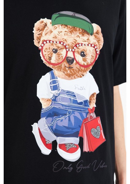 Ayıcık Baskılı Taşlı T-Shirt