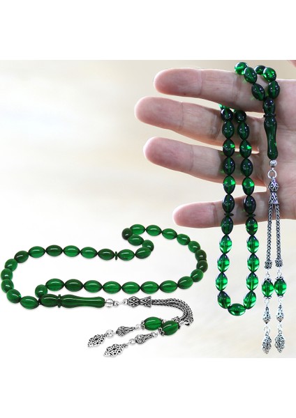 925 Ayar Gümüş Çift Püsküllü Arpa Kesim Zümrüt Yeşil Ateş Kehribar Tesbih