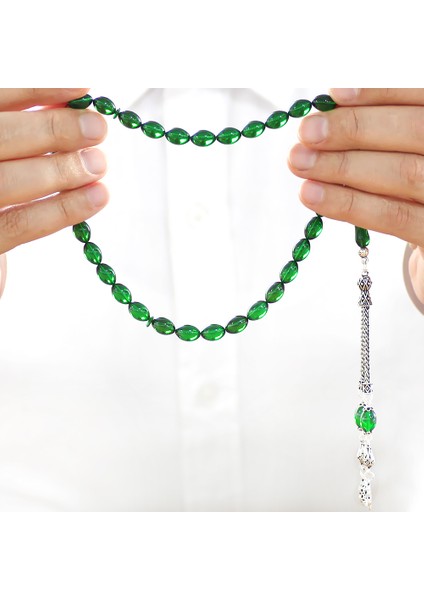 925 Ayar Gümüş Çift Püsküllü Arpa Kesim Zümrüt Yeşil Ateş Kehribar Tesbih modelleri