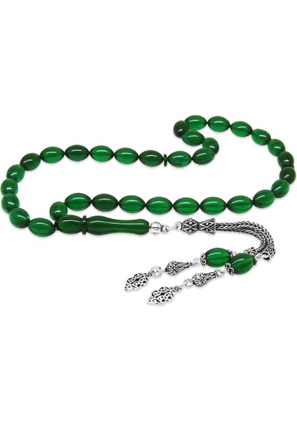 925 Ayar Gümüş Çift Püsküllü Arpa Kesim Zümrüt Yeşil Ateş Kehribar Tesbih fırsatları