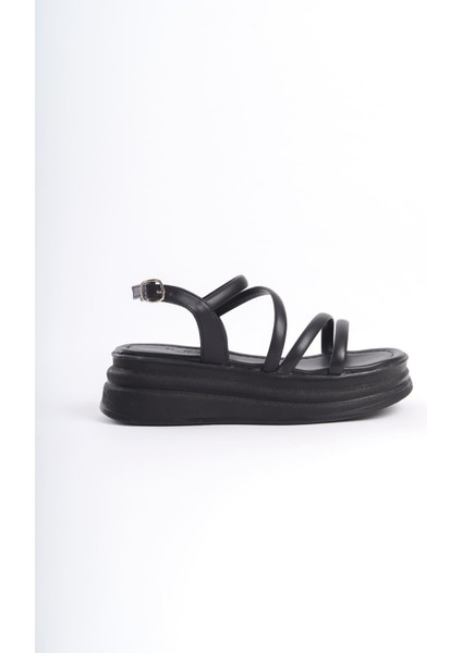 NATALE İnce Tokalı Şerit Detaylı Ortopedik Kadın Sandalet - Siyah
