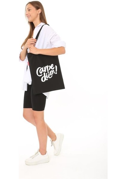 Siyah Bez Çanta Carpe Diem Baskılı